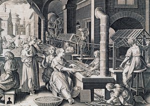 Vermis sericus, Frauen spinnen Seide und erhitzen Seidenraupen am Feuer, Gravur von Stradanus (1523-1605), Italien