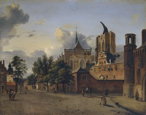 Eine Straße in Köln mit dem unvollendeten Dom im Zentrum von Jan van der Heyden