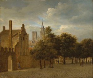 Stadtansicht mit promenierenden Figuren, eine Kirche dahinter von Jan van der Heyden