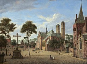 Ansicht von Köln mit den Türmen des St. Pantaleon und einer imaginären Version des Kirchenschiffs der Martinikerk in Emmerik