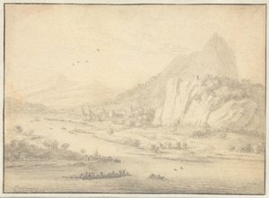 Gebirgige Flusslandschaft mit Booten von Jan van der Meer (II)