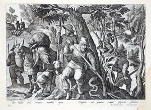 Jäger verwenden Speere oder mit Blei geladene Gewehre, um Bergschweine zu jagen, Illustration aus 
