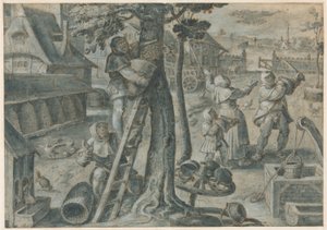 Das Einfangen eines Bienenschwarms auf einem Bauernhof von Jan van der Straet