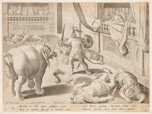 Ein römischer Soldat kämpft gegen einen von Hannibals Elefanten, Tafel 7 in der Serie Venationes Ferarum, Avium, Piscium