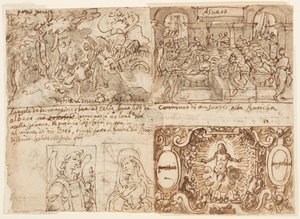Oben links: Waldlandschaft mit Elia, der von einem Engel auf dem Berg Horeb geweckt und genährt wird (1 Könige 19:5-6); Oben rechts: Das Bankett von König Ahasverus (Esther 1: 1-6); Unten rechts: Christus umgeben von Engeln mit den Arma Christi; Unten link von Jan van der Straet, called Stradanus