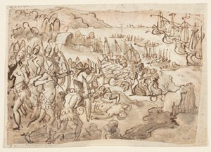 Eroberung der Philippinen, Vorentwurf für Grisaille-Gemälde, realisiert von Stradanus