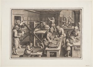 Gravur auf Metall; Graveure auf einem Schiff von Jan van der Straet, called Stradanus