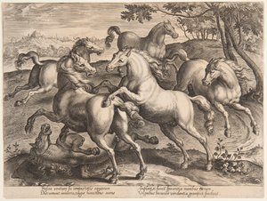 Kämpfende Pferde, aus dem vierten Satz von "Equile Joannis Austriaci" von Jan van der Straet, called Stradanus