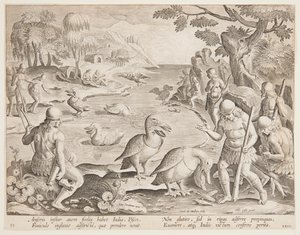 Indianer fangen Fische mit Hilfe von Pelikanen, Platte 23 in der Serie Venationes Ferarum, Avium, Piscium