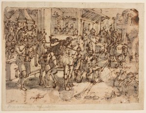 Erfindung des Steigbügels, Entwurf für "Staphae, sive stapedes," pl. 9 in der Nova Reperta (Neue Erfindungen der Neuzeit) Druckserie von Jan van der Straet, called Stradanus