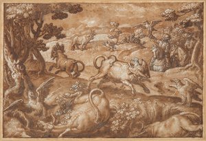Männer jagen Bullen mit Adlern von Jan van der Straet, called Stradanus