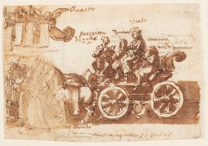 Seite eines Skizzenbuchs; Wagen und drei Pferde