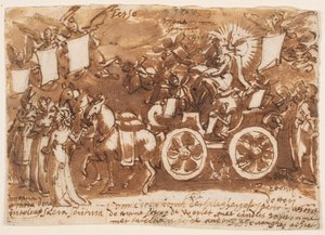Seite eines Skizzenbuchs; Streitwagen und drei Pferde