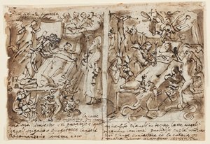Seite eines Skizzenbuchs; Himmlische Mächte helfen Frommen; Skizze für Porträt eines Heiligen; Dekoration des Giebels von Jan van der Straet, called Stradanus