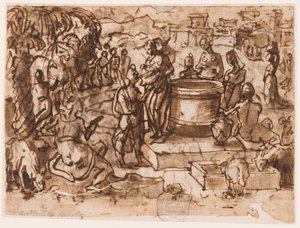 Seite eines Skizzenbuchs; Moses und die Töchter Jethros von Jan van der Straet, called Stradanus