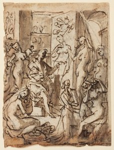 Recto: Zeuxis malt Helena; Verso: Studien von Figuren für eine Illustration des achten Kreises, zehnter Bolgia von Dantes Inferno (Fälscher: Maestro Adamo, Sinon von Troja, Potiphars Frau) von Jan van der Straet, called Stradanus