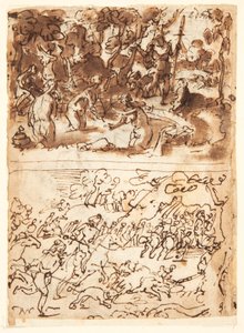 Recto, oben: Diana und Actaeon; Recto, unten: Wildschweinjagd; Verso, oben: Studien von zwei Männerköpfen; Verso, unten: Begegnung von Anna und Joachim am Goldenen Tor, Die Beschneidung des Christkindes von Jan van der Straet, called Stradanus