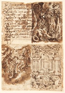 Recto, oben links: Passage über die Frau der Apokalypse, aus dem Buch der Offenbarung; Recto, oben rechts: Frau der Apokalypse; Recto, unten links: Frontispiz zur Druckserie über das Leben der Jungfrau; Recto, unten rechts: Krönung der Jungfrau