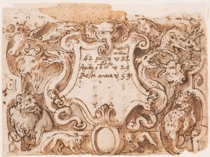 Recto: Vorentwurf für die Titelseite der Druckserie Venationes Ferarum Arium Piscium; Verso: Notizen von Stradanus über Zahlungen an einen Schneider von Jan van der Straet, called Stradanus