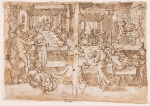 Rechts: Enthauptung von Johannes dem Täufer, Links: Salome erhält den Kopf von Johannes dem Täufer vom Henker, Entwurf für pl.10 im Leben von Johannes dem Täufer (Detail) von Jan van der Straet, called Stradanus