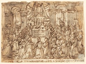 Skizzenbuchseite mit Kommunion in Kirche und Zuhause