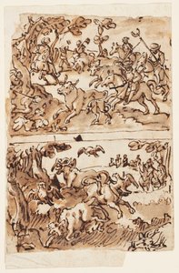 Skizzenbuchseite mit Stierjagden von Jan van der Straet, called Stradanus