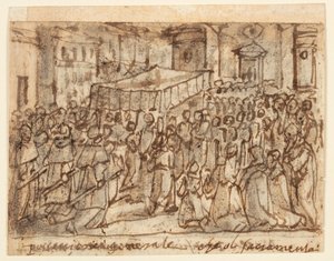 Skizzenbuchseite mit Prozession mit der Hostie und Pontifikalmesse von Jan van der Straet, called Stradanus
