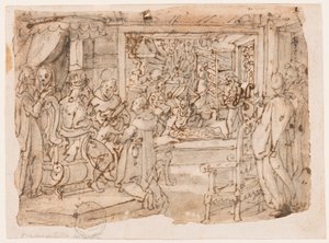 Die Einführung des Seidenwurms am Hofe von Kaiser Justinian, Entwurf für "Ser, sive sericus vermis," Platte 8 in der Nova Reperta (Neue Erfindungen der Neuzeit) Druckserie