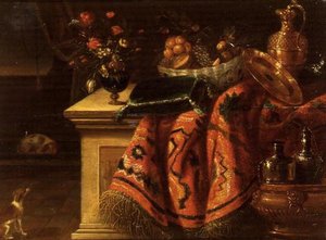 Ein Stillleben mit einer Vase mit Blumen, Obst in einer Schale, einem vergoldeten Silberkrug und Teller & einem Kissen von Jan van the Elder (follower of) Kessel