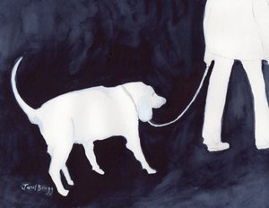 Mann, der seinen Hund spazieren führt in Indigo II, ca. 2018