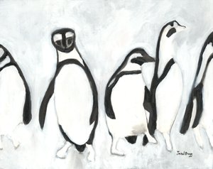 Pinguine im Woodland Park Zoo, um 2021 (Sumi-Tinte und Gesso auf Papier) von Janel Bragg