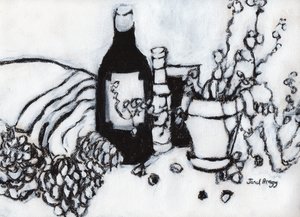 Stillleben mit Olivenöl und Kiefernzapfen, um 2017 von Janel Bragg