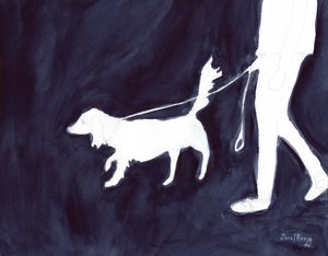 Frau geht mit Hund die Commercial Avenue entlang, ca. 2021