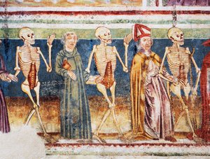 Hrastovlje Wehrkirche, Dreifaltigkeitskirche, Tod begleitet Bischof und Mönch, Totentanz (1490), Detail aus Fresken von Janez Iz Kastva, Slowenien