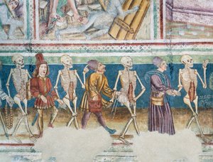 Hrastovlje Wehrkirche, Dreifaltigkeitskirche, Tod begleitet Kaufmann und wohlhabenden Banker, Totentanz (1490), Detail aus Fresken von Janez Iz Kastva, Slowenien