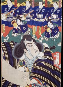 Schauspieler, Erzähler und Shamisen-Spieler, Kabuki-Theaterszene