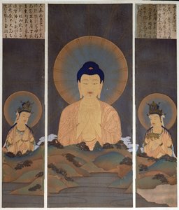 Erscheinung der buddhistischen Dreifaltigkeit, Buddha Amitabha und seine zwei Bodhisattvas, Kannon (Mitgefühl) & Seishi (Weisheit) auf dem Berg, Illustration aus der Zeitschrift 