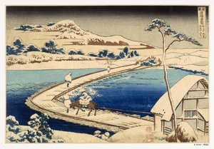 Brücke aus Booten in Sawa, 1830, Hokusai Katsushika (Handkolorierter Holzschnitt)