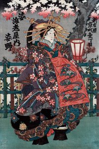Mittelteil eines japanischen Kurtisanen-Triptychons von Japanese School
