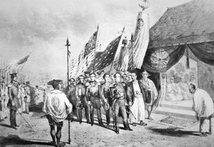 Kommodore Perry in Japan im Jahr 1853 trifft kaiserliche Kommissare in Yokohama von Japanese School