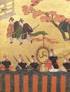 Detail von einem vierblättrigen Bildschirm, der zwei Höflinge in Kazaritachi und Soldaten darstellt, Tosa-Schule, Edo-Periode (Farben, Tinte, Gofun und Gold auf Papier) von Japanese School
