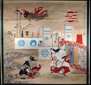 Kaiserin Jingo Kogo und der alte General Takeshi Vchi No Sukune, der den Sohn der Kaiserin Homuda hält - Das Karpfenbanner symbolisiert den Sohn der Kaiserin von Japanese School