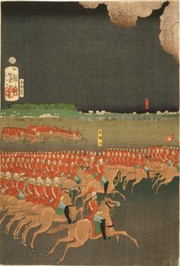 Französische und britische Truppen bei militärischen Trainingsmanövern, Yokohama, Japan. Britische Kavallerieübung. Teil eines Triptychons von Taiso Yoshitoshi (1839-1892), japanischer Ukiyo-e-Künstler. Pferd