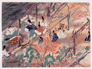 Heian-Politiker und Dichter Sugawara Michizane, bekannt als Tenjin-San (Himmlischer Geist), im Exil im Kitano Tenman-Gu-Schrein in Kyoto, verteilt Kleidung, die von einem ehemaligen Kaiser gespendet wurde, Kamakura-Periode, Japan von Japanese School
