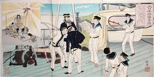Japanische Matrosen bewundern ihr Adler-Maskottchen, eine Episode aus dem Chinesisch-Japanischen Krieg, späte 19. Jahrhundert