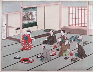 Japaner essen, trinken und werden im Teehaus unterhalten von Japanese School