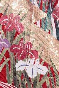 Kimono Furisode (wallende Ärmel) getragen von jungen unverheirateten Frauen zu eleganten Anlässen und Maiko (Lehrling Geisha), Glatte Seide, Hinpaku-Motive, Iris, Detail, Kaga-Yuzen-Färbung, Tokamachi-Webereien, Japanische Zivilisation, 20. Jahrhundert