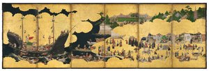Nanban-Sechsfaltiger Bildschirm, der die Ankunft eines portugiesischen Handelsschiffs darstellt, Edo-Periode