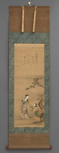 Pfirsichmutter und Begleiterin am Kiefernbaum (frühes 19. Jahrhundert) von Japanese School