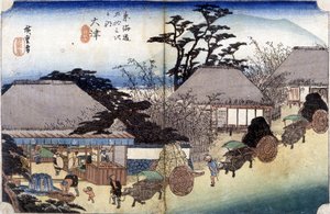 Bauern überqueren ein Dorf mit ihren Karren - Japanischer Druck